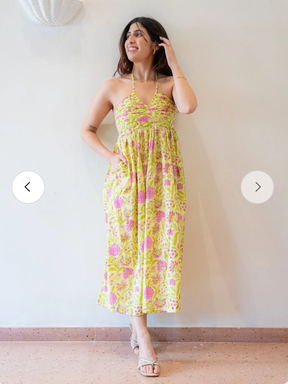 Lemon Yellow & Pink Floral Cotton Halter Maxi Dress